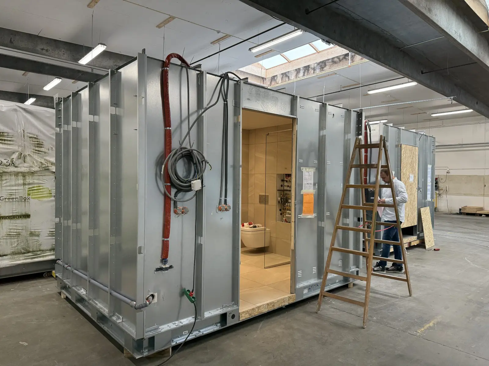 A bathroom pod under construction
