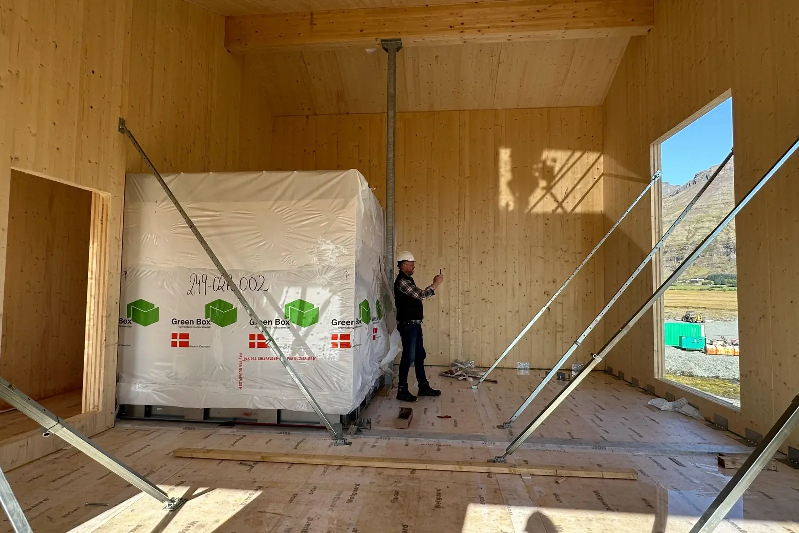 A bathroom pod inside the CLT structure – Hótel Jökulsárlón
