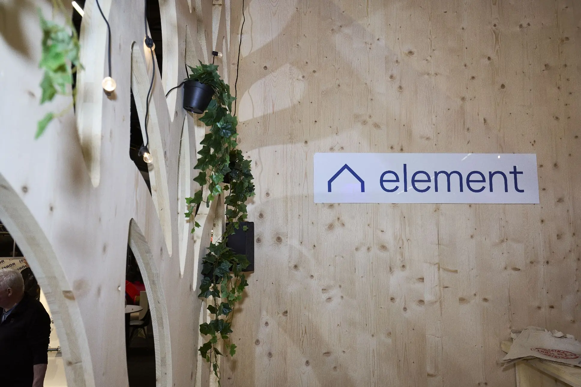 A CLT wall with the Element logo