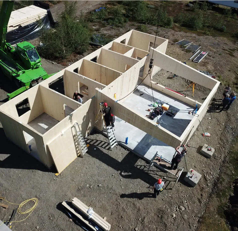A CLT structure during installation, seen from above